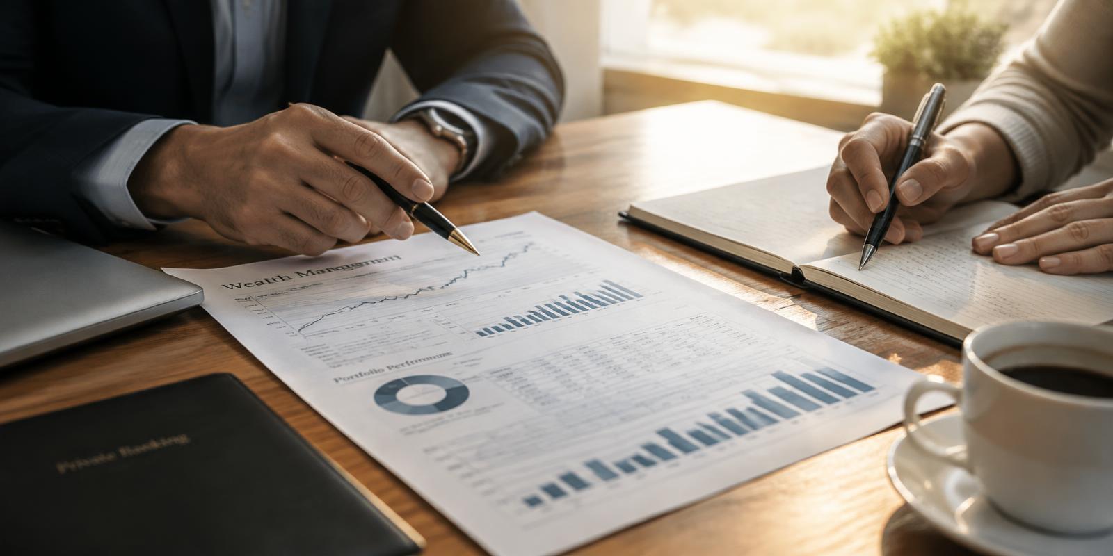 Advisor and client hands reviewing a printed portfolio report on a desk