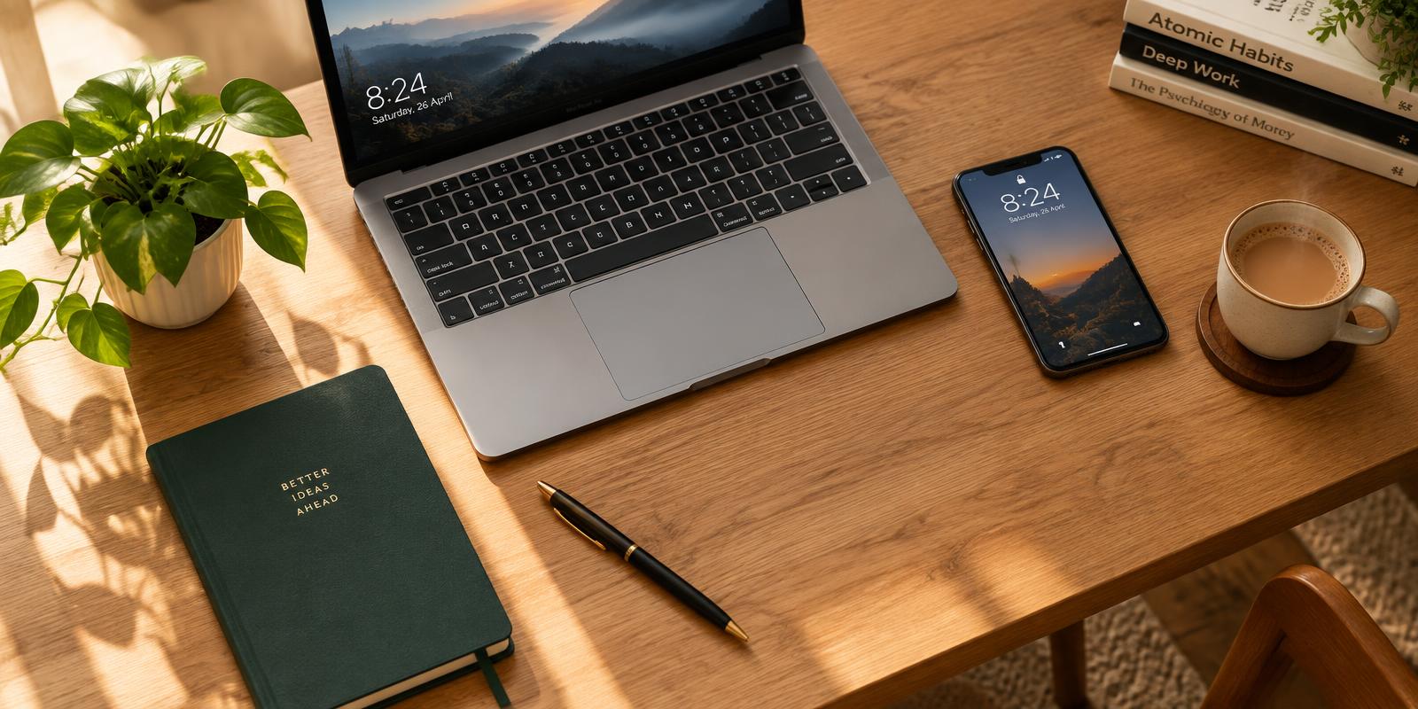 Tidy desk with a laptop, phone, notebook and a cup of chai