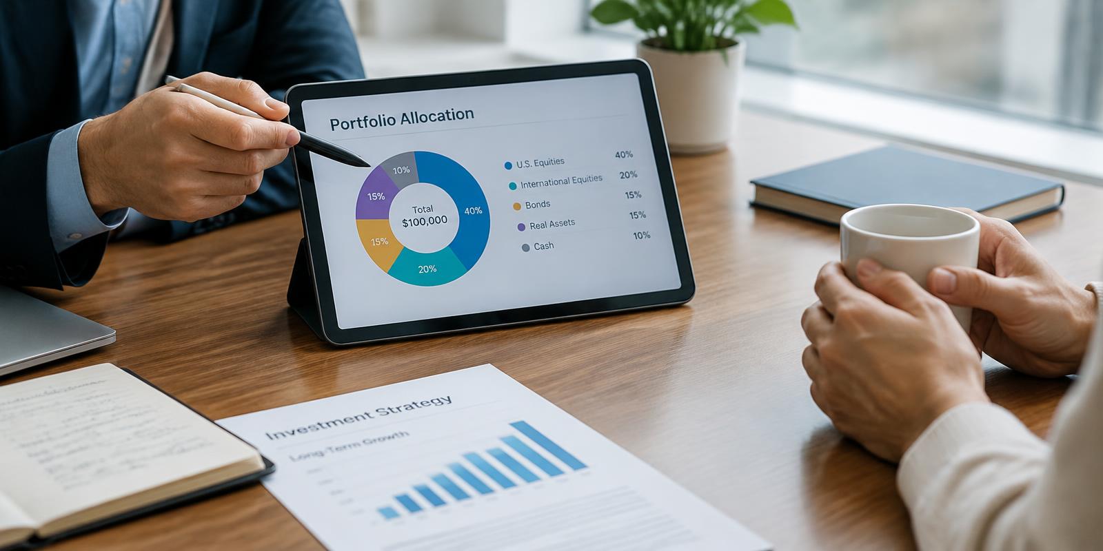 Advisor's hand pointing to a portfolio allocation chart on a tablet